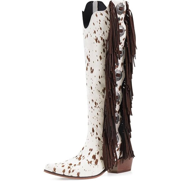 Women's White Cow Print Western Boots Mid Heel Style Riding With Side Zipper
